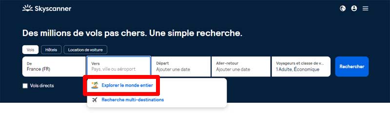 Bouton explorer le monde entier sur Skyscaner