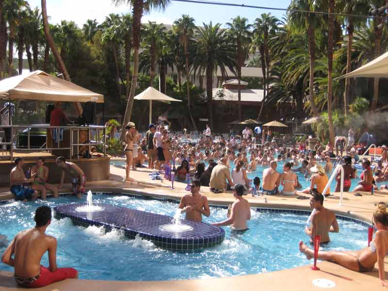 Foule de jeunes adultes faisant la fête autour de la piscine d’un hôtel pendant le spring break, avec DJ, maillots de bain et
ambiance tropicale