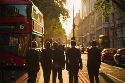 5 hommes d'affaires à côté d'un bus à impériale rouge dans les rues de Londres