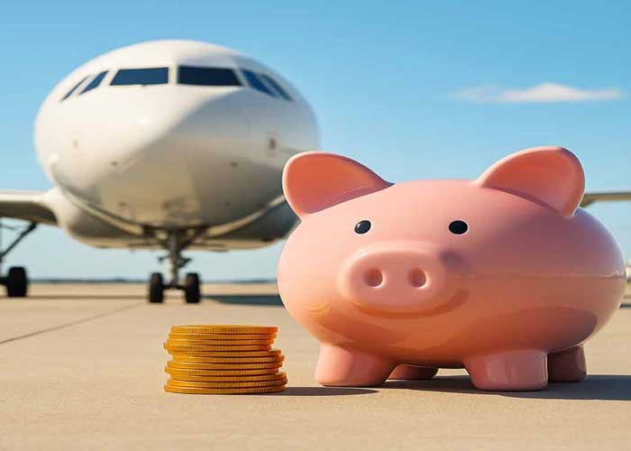 Tirelire rose et pices de monnaie devant un avion sur le tarmac