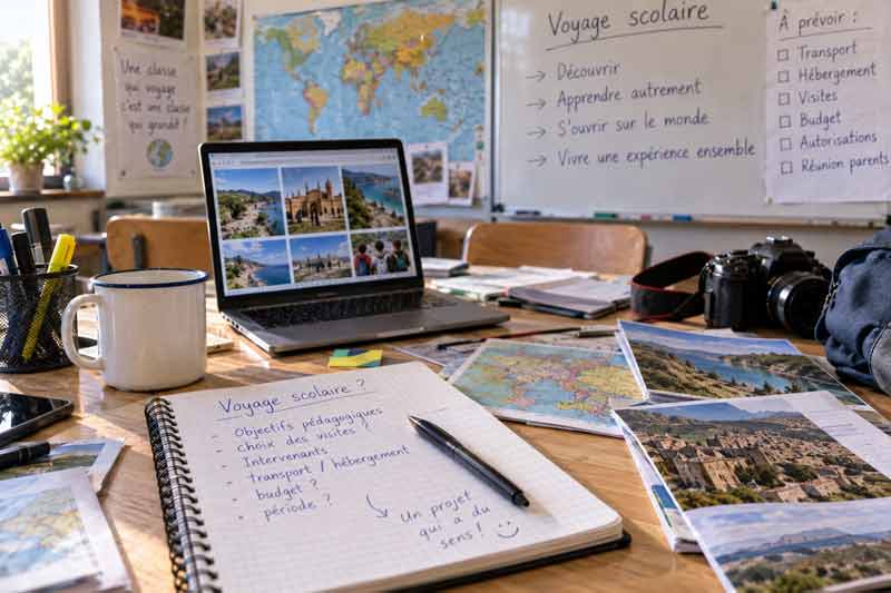 Bureau de préparation d'un voyage scolaire avec carte du monde, ordinateur portable affichant des photos de destinations, carnet de
notes avec objectifs pédagogiques et tableau blanc listant les étapes d'organisation