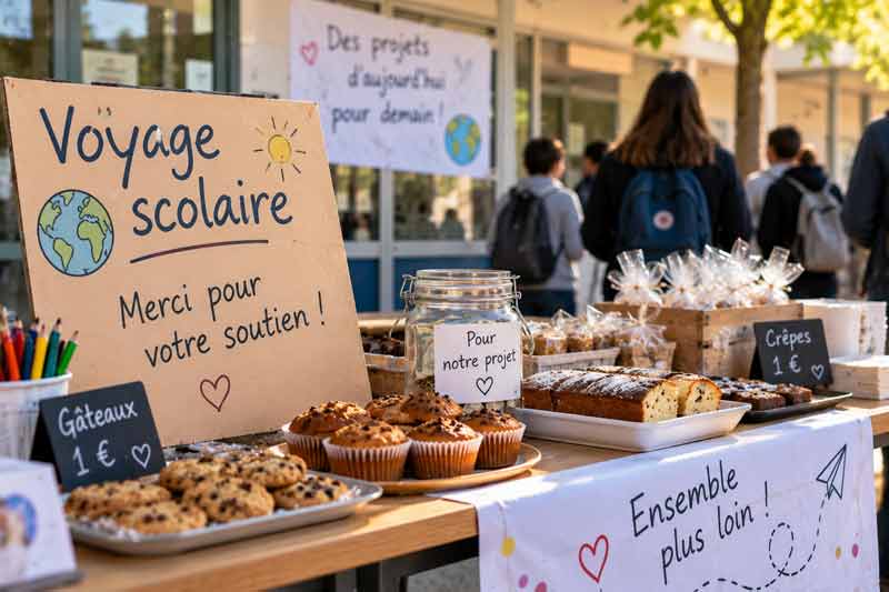Vente de gâteaux organisée par des collégiens dans la cour pour financer leur voyage scolaire, avec pancartes, muffins, crêpes et
cookies faits maison sur la table