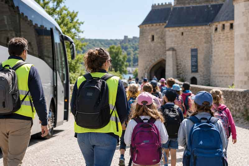 Groupe d'élèves encadrés par deux enseignants en gilet jaune descendant du car pour visiter un château médiéval lors d'une classe
découverte