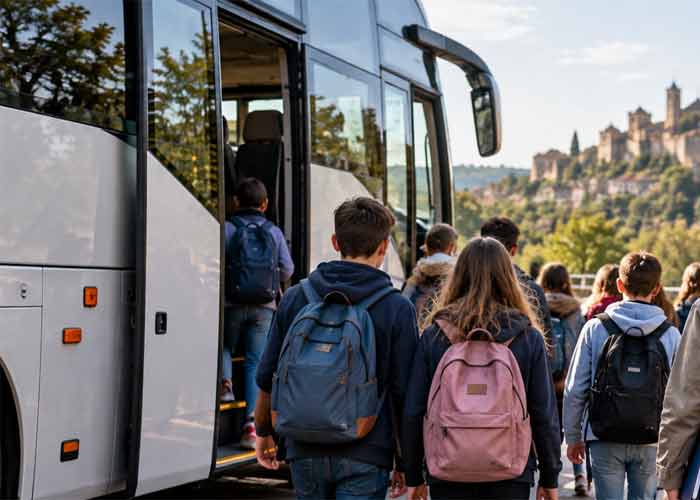Enfants montant dans un bus avec leurs sacs � dos devant un village m�di�val, au d�part d'un voyage scolaire