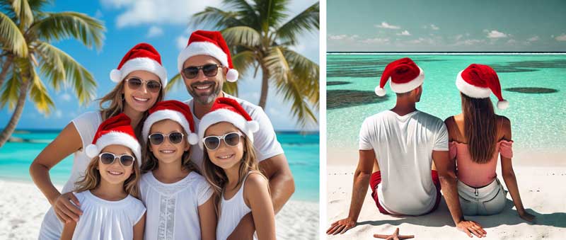 famille portant des bonnets rouges de Noël, posant sur une plage de l'île Maurice devant des palmiers et une mer turquoise
