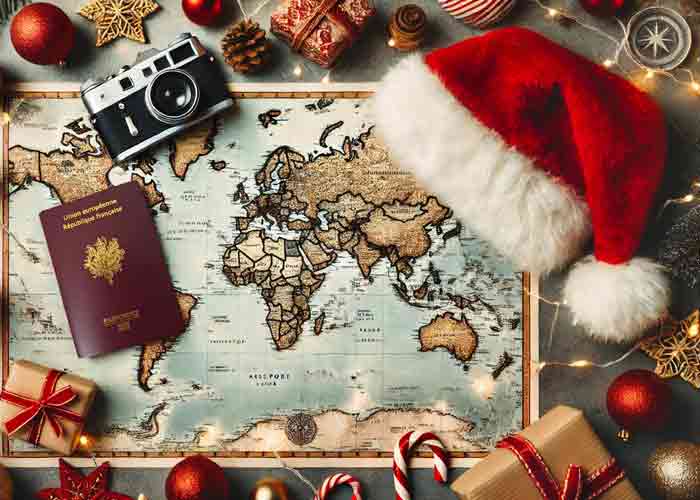 Carte du monde entoure de dcorations de Nol, avec un passeport franais, un appareil photo vintage, un bonnet rouge de Pre Nol, des cadeaux emballs, des boules rouges et dores, des cannes en sucre et des guirlandes lumineuses. L'image voque l'esprit festif et le voyage.