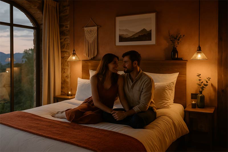 Séjour romantique dans une love room chaleureuse avec vue sur la nature au coucher du soleil
