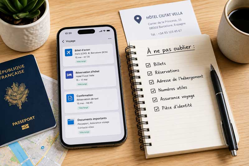 Passeport français, smartphone affichant billets et réservations téléchargés, carte de visite d'un hôtel à Barcelone et
carnet avec check-list manuscrite pour un week-end à l'étranger sans stress