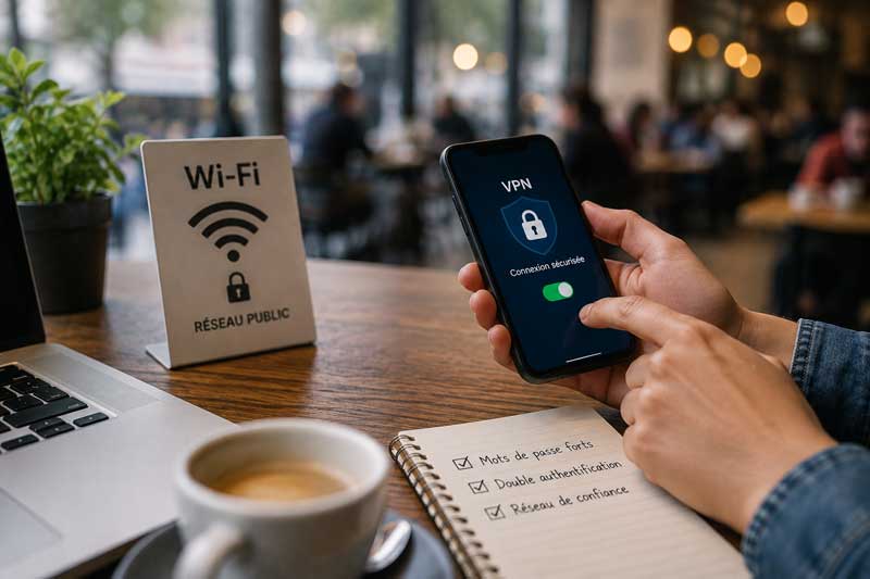 Personne activant un VPN sur son smartphone dans un café avec Wi-Fi public, à côté d'un carnet listant les bons réflexes
de sécurité : mots de passe forts, double authentification et réseau de confiance