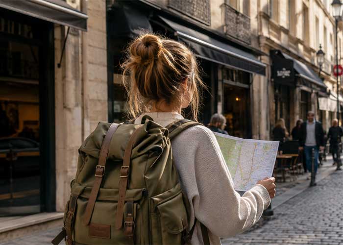 Voyageuse de dos avec sac � dos consultant une carte papier dans une rue pav�e anim�e, avec un d�me 
											monumental en arri�re-plan typique d'une capitale europ�enne