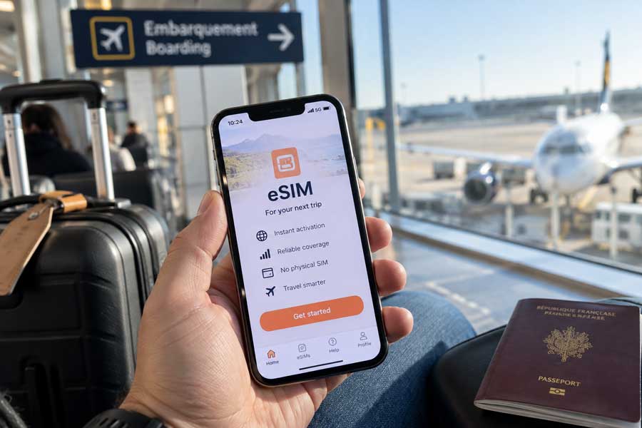 Smartphone affichant une application eSIM en salle d'embarquement, avec valise et passeport français à proximité