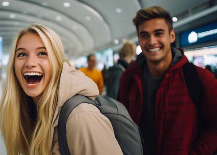 jeune femme 
								qui sourit devant le panneau des dparts  l'aroport