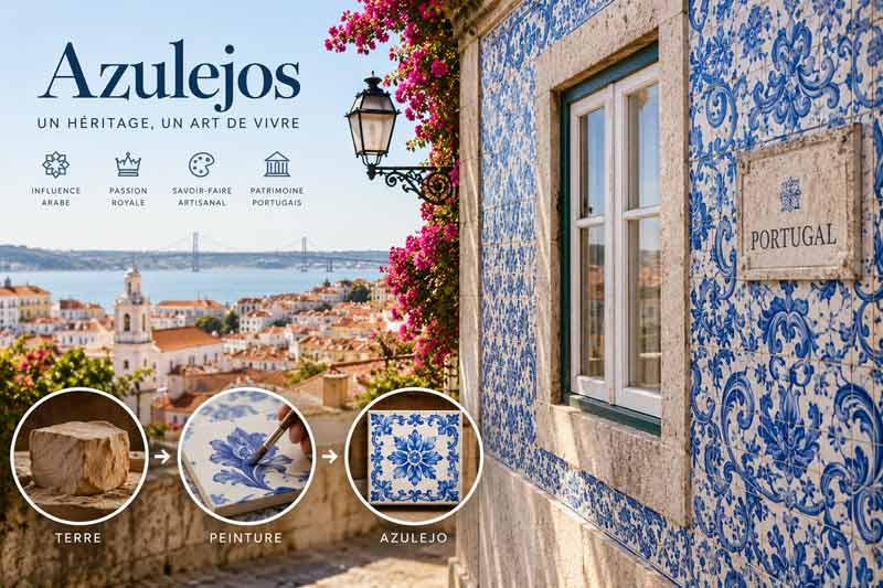 Infographie sur les azulejos Portugal : façade ornée de carreaux bleus et blancs à motifs floraux, vue sur Lisbonne et le pont, étapes de fabrication
de la terre à l'azulejo peint
