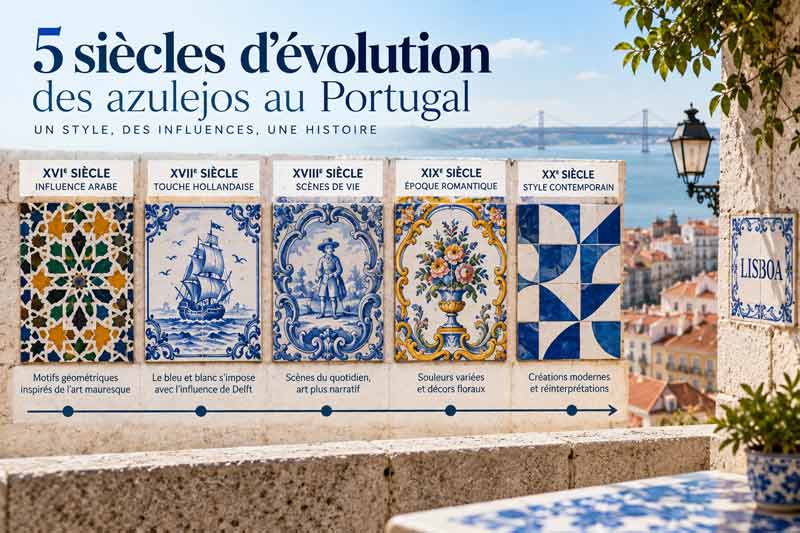 Frise chronologique de 5 siècles d'évolution des azulejos Portugal : motifs géométriques arabes, bleu et blanc hollandais, scènes de
vie, décors floraux romantiques et créations contemporaines, devant une vue sur Lisbonne