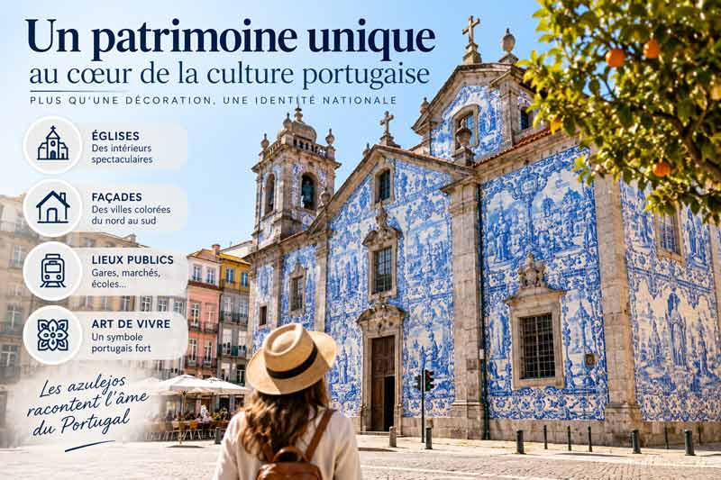 Infographie sur le patrimoine unique des azulejos au Portugal : femme au chapeau de paille face à une église recouverte de carreaux
bleus et blancs, avec les catégories églises, façades, lieux publics et art de vivre