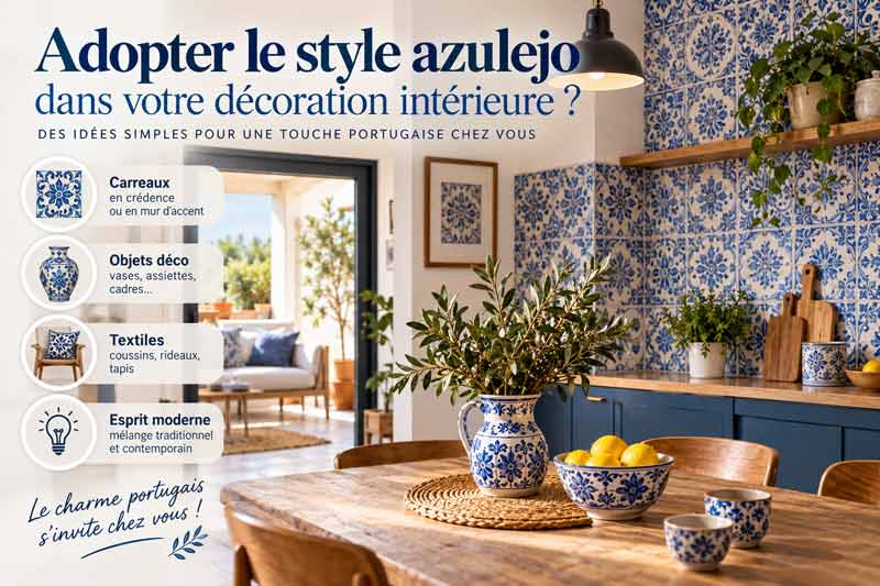 Infographie pour adopter le style azulejo en décoration intérieure : cuisine avec crédence en carreaux bleus et blancs, pichet et bols
en faïence sur table en bois, avec les idées carreaux, objets déco, textiles et esprit moderne