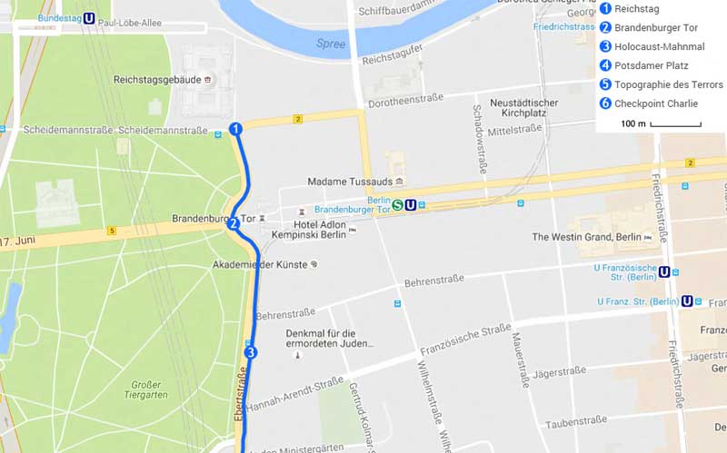 Carte de l'itinéraire de la journée n°1 d'un week-end à Berlin
