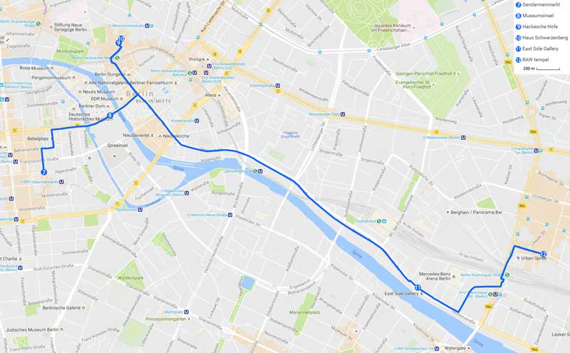 Carte de l'itinéraire de la journée n°2 d'un week-end à Berlin