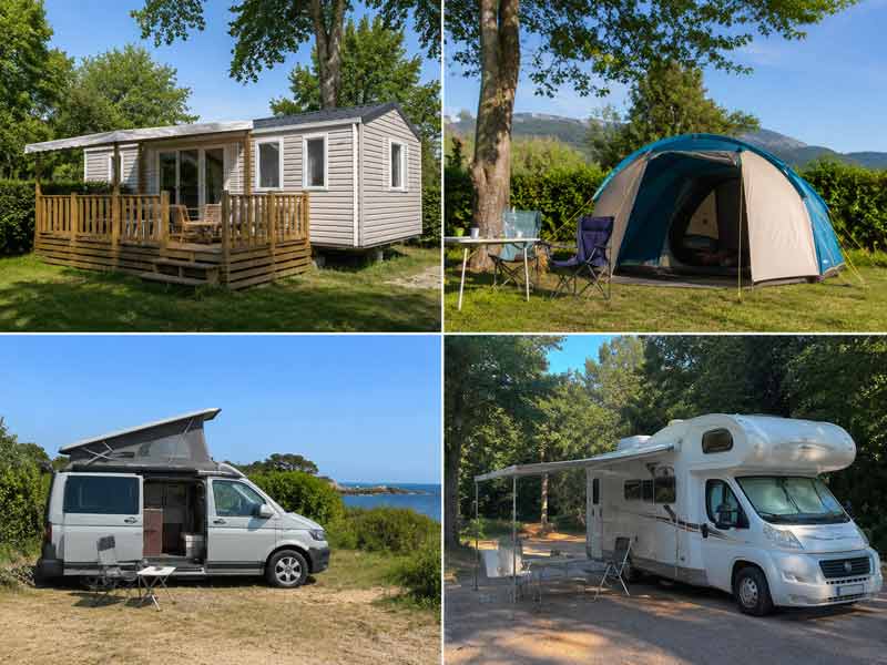 Mobil-home, tente, van aménagé et camping-car réunis pour illustrer les différents modes d'hébergement en camping en Bretagne