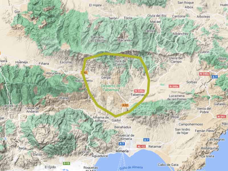 carte du désert de Tabernas en Andalousie (sud de l'Espagne)