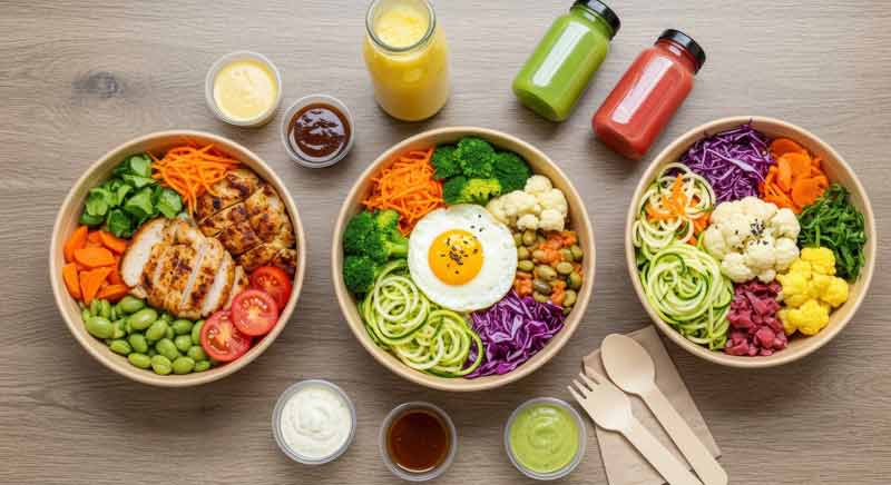 Repas équilibré en voyage avec bowls variés légumes protéines pour un city break sain