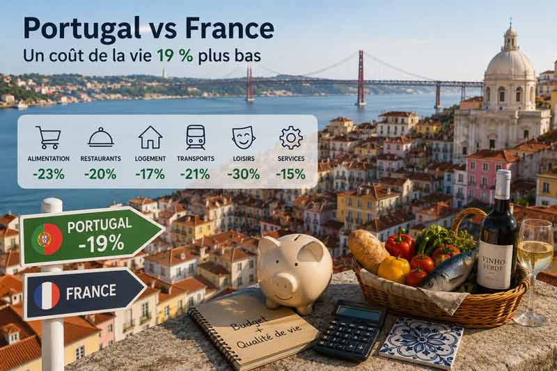Infographie sur le coût de la vie au Portugal vs France : -19 % en moyenne, détail par poste (alimentation, logement, transports...), vue de Lisbonne avec panier de courses et tirelire.