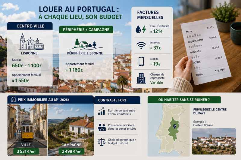 Infographie sur les loyers au Portugal : studio Lisbonne 650-1100 €, prix au m² ville vs campagne,
exemple de Castelo Branco.