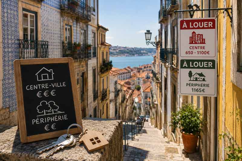 Ruelle de Lisbonne avec azulejos et vue sur le Tage, panneaux À louer centre-ville vs périphérie, ardoise comparative sur le cout de la vie au Portugal