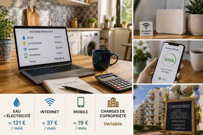 Infographie factures mensuelles et cout de la vie au Portugal : eau, électricité, internet, mobile, total 176,90 €, avec box fibre et forfait mobile.