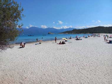 Photo prise sur la plage du Lotu avec vue sur des personnes allongées sur le sable blanc et d'autres qui se baignent (désert des Agriates, Saint-Florent, France)