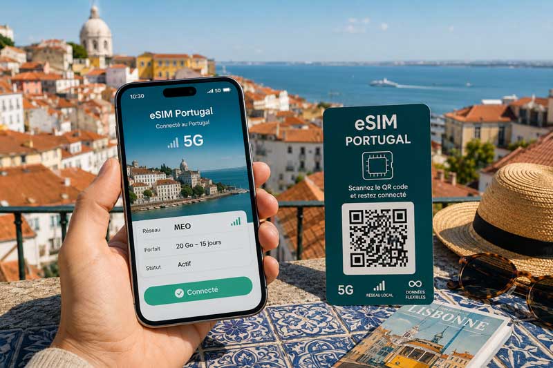 Smartphone affichant une eSIM Portugal connectée au réseau MEO 5G avec un forfait 20 Go, devant les toits de l'Alfama à Lisbonne et une carte d'activation
QR code