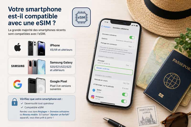 Infographie de compatibilité eSIM listant les smartphones compatibles (iPhone XS et ultérieurs, Samsung Galaxy S20 et ultérieurs, Google Pixel 3
et versions suivantes) avec un smartphone affichant les réglages données cellulaires, posé sur un passeport et un guide Portugal