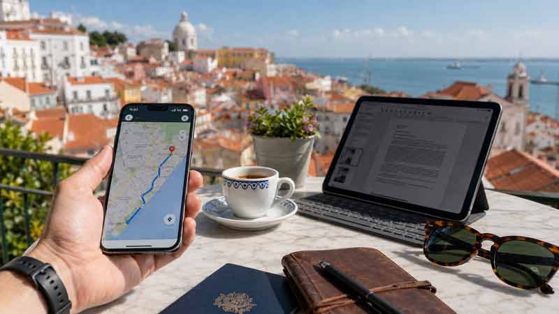 Smartphone et tablette connectés en partage de connexion via une eSIM Portugal sur une terrasse à Lisbonne, pour travailler ou naviguer en toute 
							sécurité sans passer par le Wi-Fi public