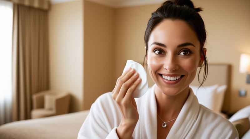 femme souriante qui se démaquille en voyage