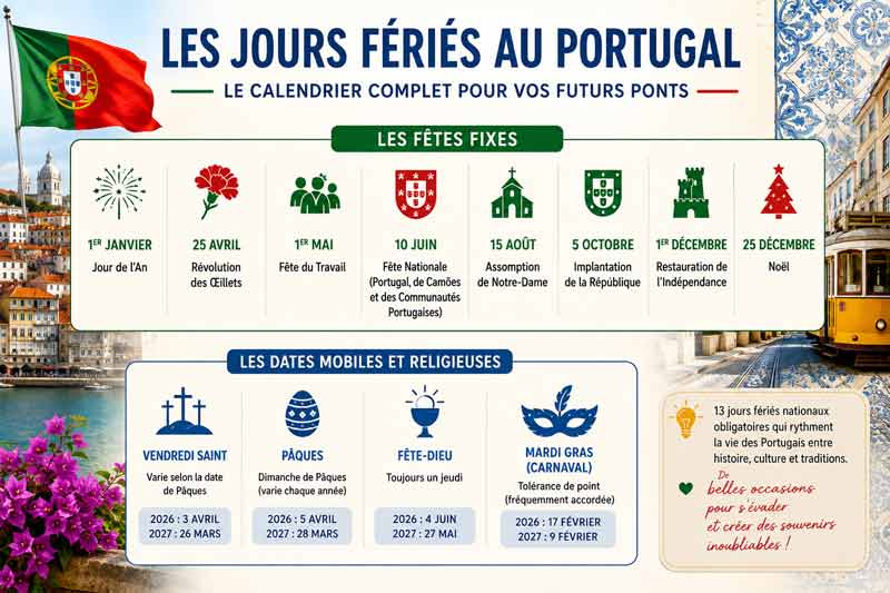 Infographie détaillant les jours fériés au Portugal : les 8 fêtes fixes (1er janvier, 25 avril, 1er mai, 10 juin, 
							15 août, 5 octobre, 1er décembre, 25 décembre) et les dates mobiles et religieuses (Vendredi Saint, Pâques, Fête-Dieu, Mardi Gras) avec leurs dates 2026 et 2027, sur fond de drapeau portugais, 
							azulejos et tramway de Lisbonne.