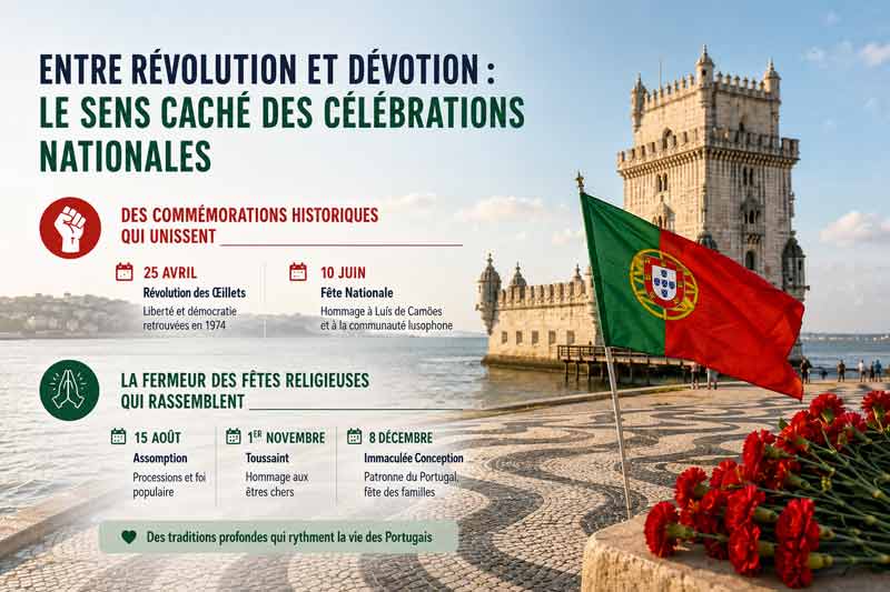 Infographie sur le sens des célébrations nationales portugaises (jours fériés au Portugal), opposant commémorations historiques (25 avril 
							Révolution des Œillets, 10 juin Fête Nationale) et fêtes religieuses (15 août Assomption, 1er novembre Toussaint, 8 décembre Immaculée Conception), avec la tour de Belém et un drapeau du Portugal en arrière-plan.
