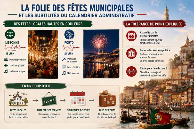 Infographie sur les fêtes municipales portugaises : la Saint-Antoine à Lisbonne (13 juin, marches populaires, sardines grillées) 
							et la Saint-Jean à Porto (24 juin, marteaux en plastique, feux d'artifice), ainsi qu'un encart expliquant la tolérance de point accordée par le Premier ministre, avec vue sur les toits de Porto et le fleuve 
							Douro.