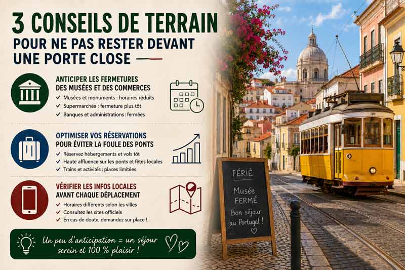 Infographie récapitulative avec 3 conseils pratiques pour les jours fériés au Portugal : anticiper les fermetures de musées et commerces, 
							optimiser ses réservations avant les ponts, et vérifier les infos locales, illustrée par une ruelle de Lisbonne avec tramway jaune et un panneau indiquant un musée fermé pour cause de jour férié.
