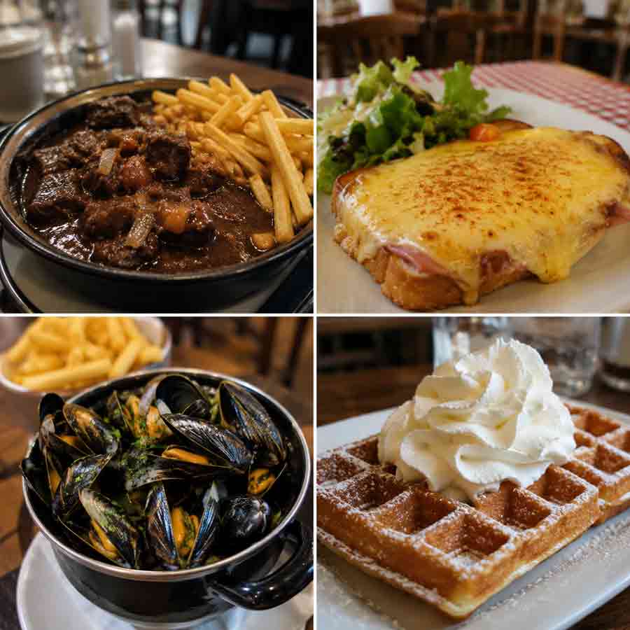Assiette de spécialités du Nord : carbonnade flamande, welsh, moules-frites et gaufre à la chantilly