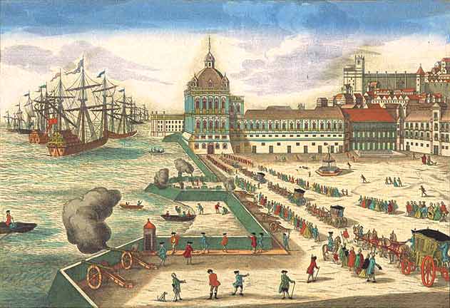 Vue sur la place du Commerce au XVIIIe siècle à Lisbonne (Portugal)