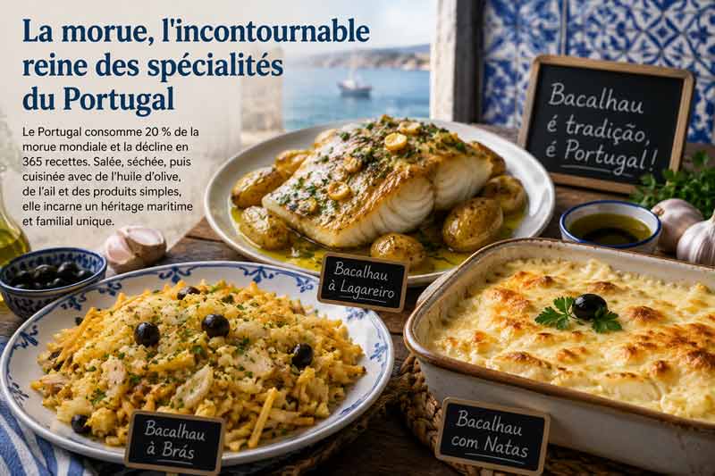 Composition présentant trois recettes emblématiques des spécialités du Portugal : Bacalhau à Lagareiro au four avec pommes de terre, Bacalhau à Brás effiloché aux œufs et olives, et Bacalhau com Natas gratiné à la crème, sur fond d'azulejos bleus et blancs