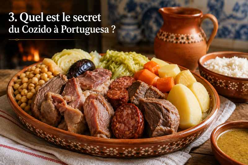 Cozido à Portuguesa, plat national parmi les spécialités du Portugal, réunissant viandes, chouriço, pois chiches et légumes mijotés, servi avec du riz dans un plat en terre cuite