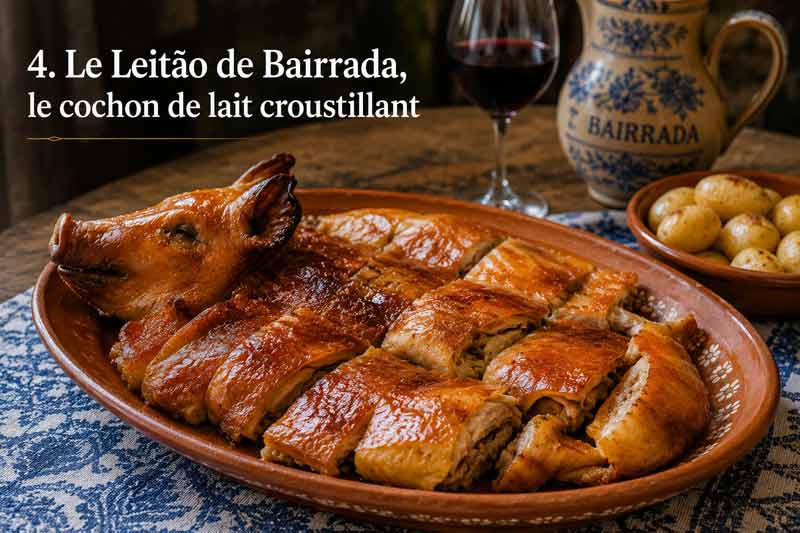 Leitão de Bairrada, cochon de lait rôti à la peau croustillante et star des spécialités du Portugal, servi avec pommes de terre nouvelles et un verre de vin rouge