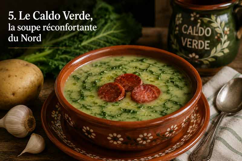 Caldo Verde, soupe réconfortante figurant parmi les spécialités du Portugal, garnie de rondelles de chouriço et servie dans un bol en terre cuite