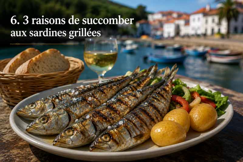 Sardines grillées, grand classique des spécialités du Portugal en été, accompagnées de pommes de terre nouvelles et d'un verre de vin blanc, avec vue sur un village de pêcheurs