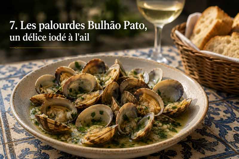 Palourdes Bulhão Pato, délice iodé parmi les spécialités du Portugal, mijotées à l'ail et à la coriandre fraîche, servies avec du pain et un verre de vin blanc
