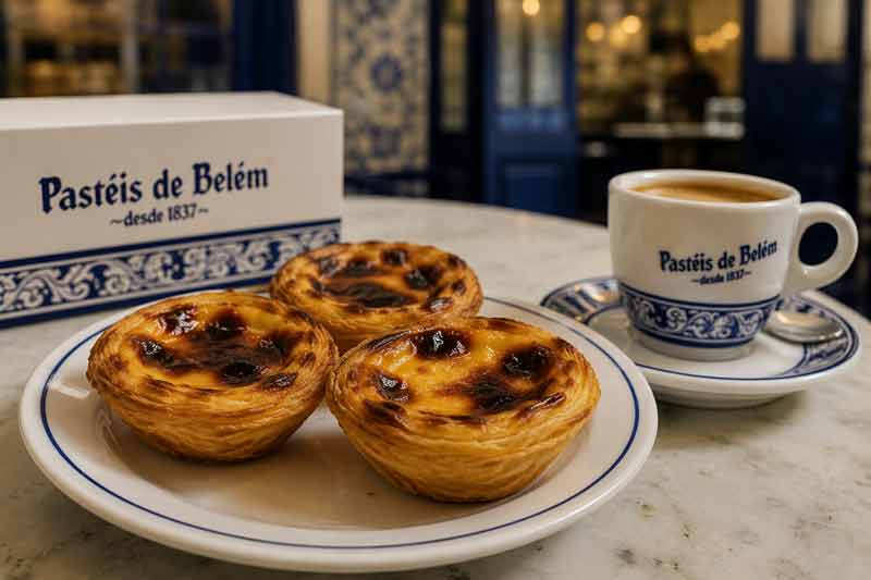 Pastéis de nata caramélisés à la cannelle, dessert star des spécialités du Portugal, servis avec un café bica à Lisbonne