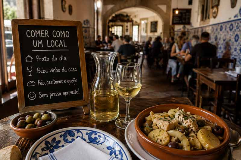 Ambiance typique d'une tasca portugaise, idéale pour découvrir les spécialités du Portugal comme un local, avec vin de la maison, olives et couvert traditionnel