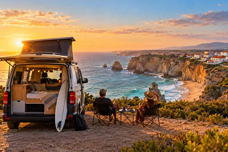 Couple face au coucher du soleil sur les falaises de l'Algarve, devant leur van aménagé ouvert avec planche de surf, lors d'une location van Portugal