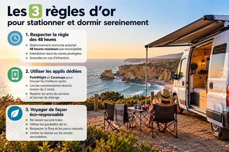 Infographie des 3 règles d'or pour stationner et dormir en van au Portugal : règle des 48 heures, applis Park4Night et Caramaps et voyage éco-responsable